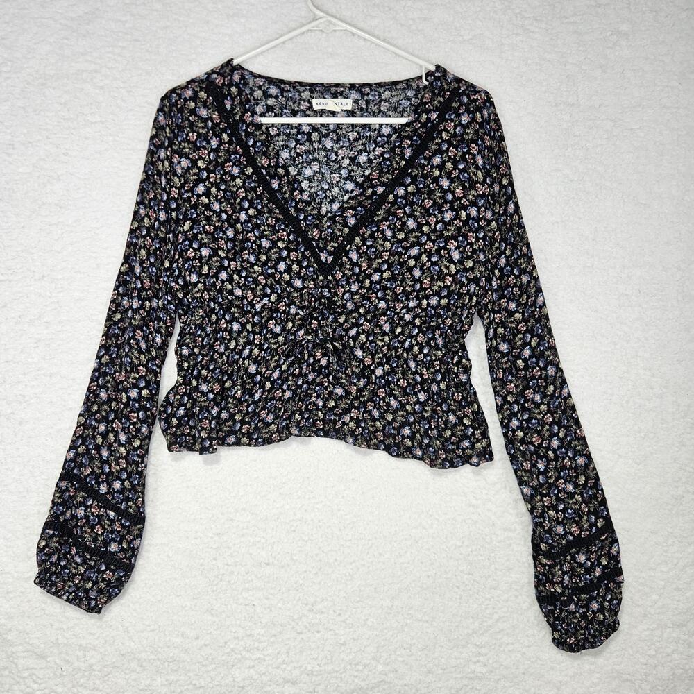 Aeropostale Black Floral Boho Long Sleeve Cropped Blouse Women's Large Festival